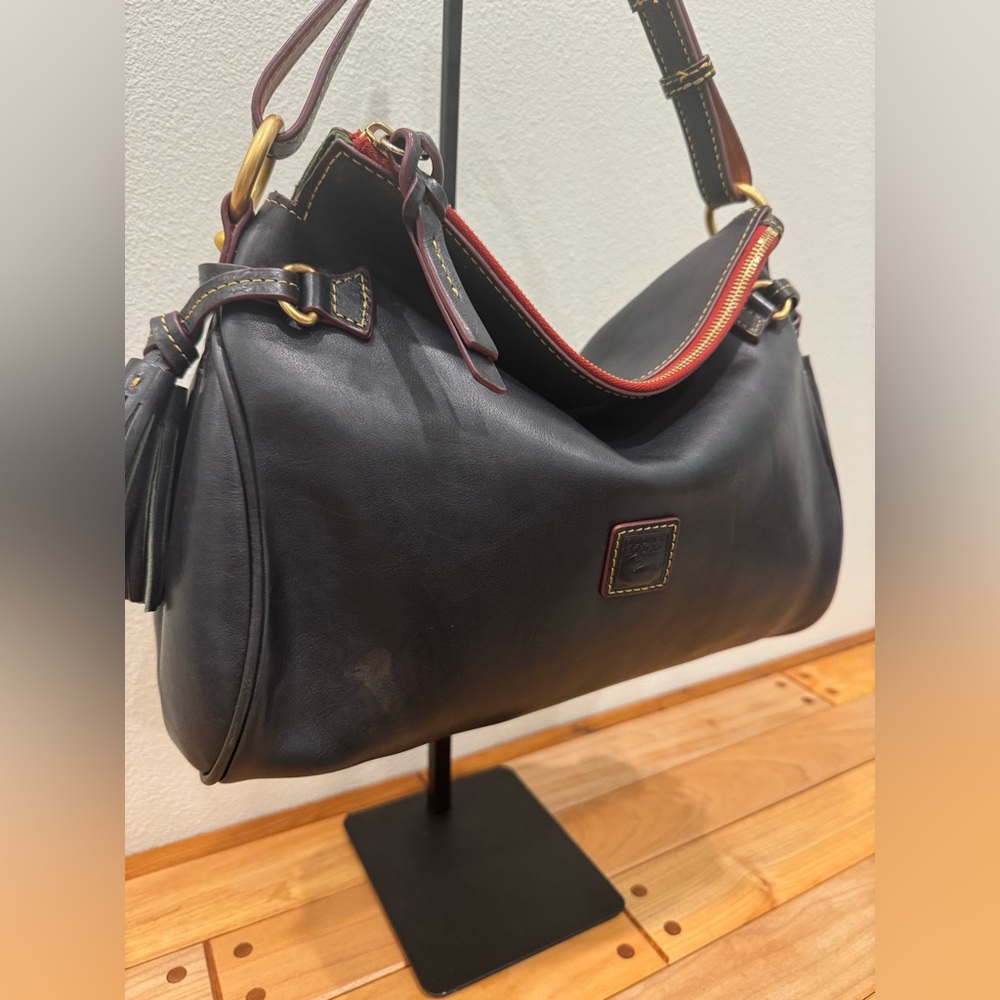 Dooney & Bourke Black Leather Hobo with Brown Trim and Red Accent - Picture 6 of 9
